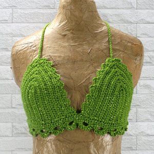 HAND CRAFTED Cropped Top Crochet Bikini Green Metallic Festival Fashion Small